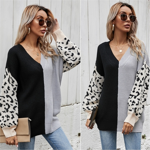 Melody Leopard Colorblock Sweater  - Gray - Picture 4 of 12